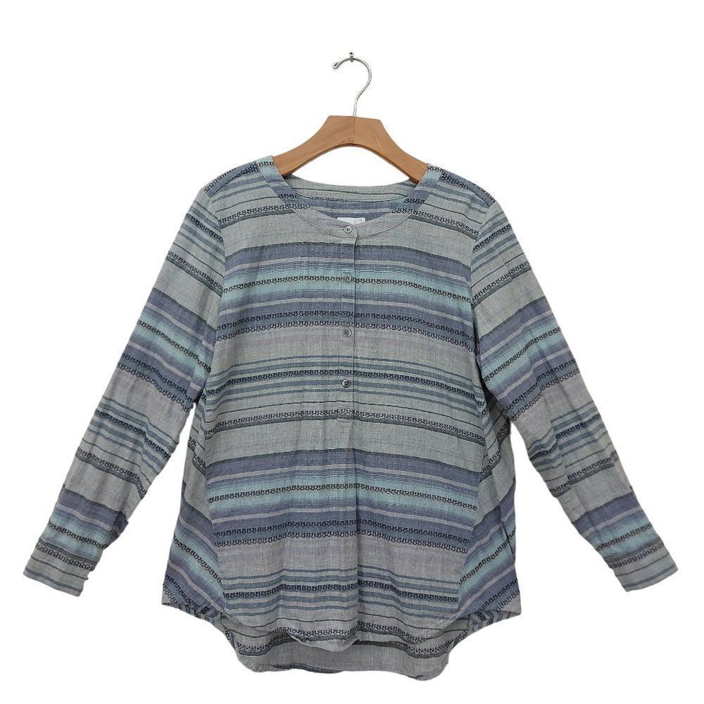 J. Jill Blouse Womens MP Gray Long Sleeve 1/2 Button Striped Bohemian Nautical